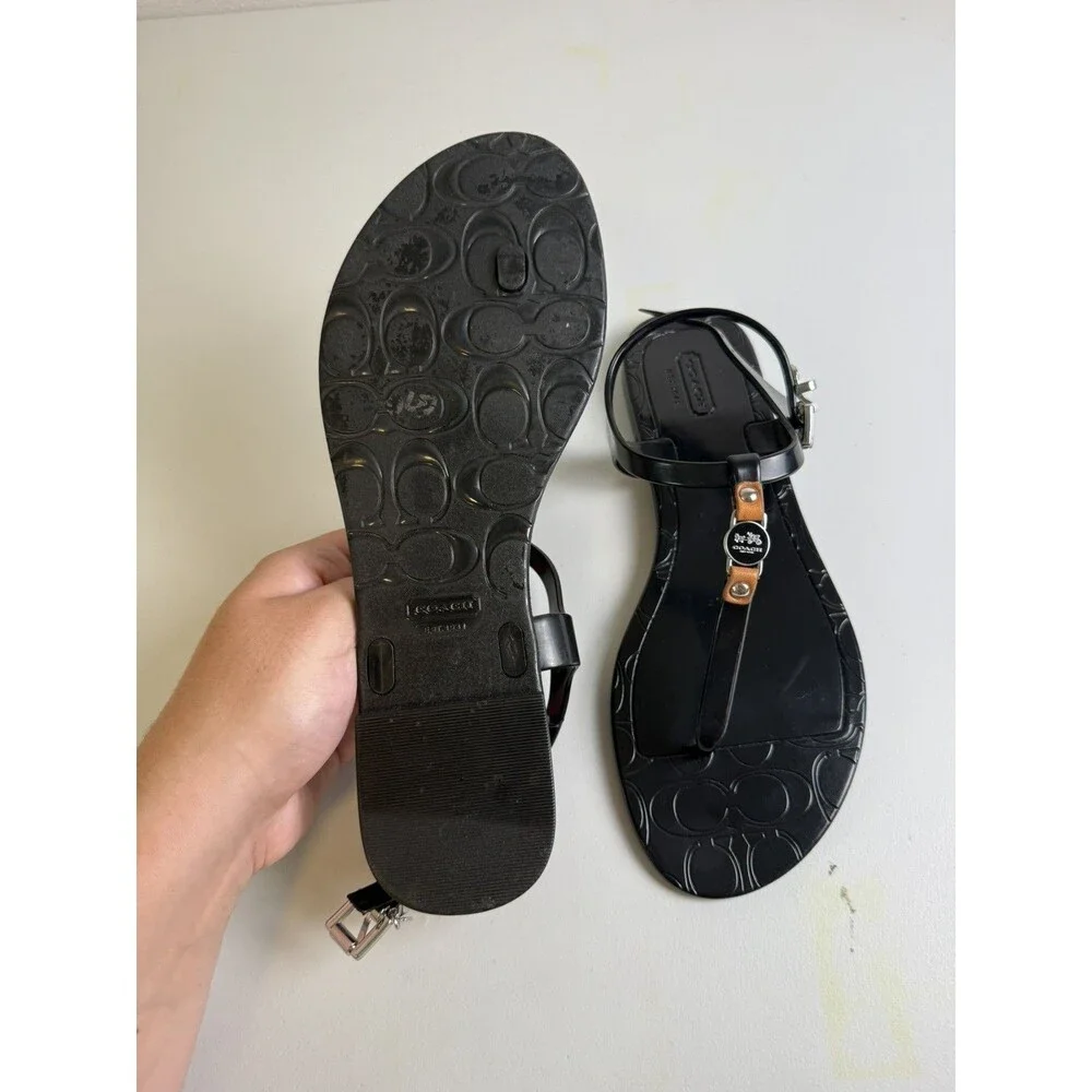 Coach Women’s Black Thong Sandals T-Strap Ankle Strap Buckle Logo US 8B